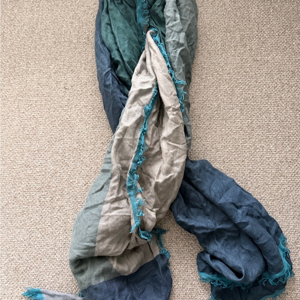 Giorgio Armani Teal and Blue and Grey Fringed Silk Blend Men’s Scarf - Picture 5 of 6